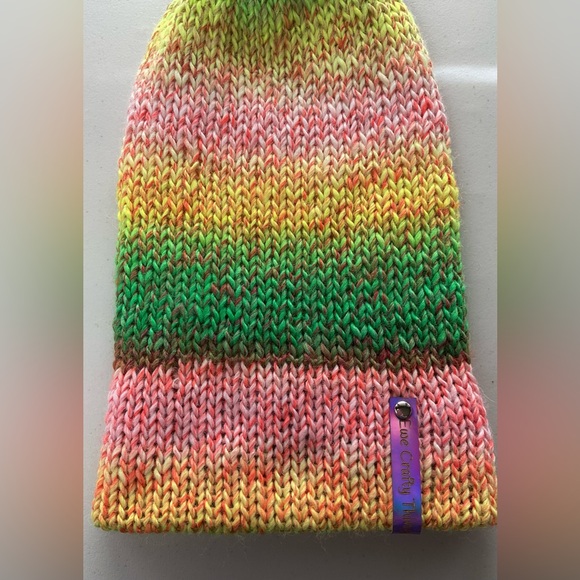 NWT Beanie w/Brim and PomPom, Green, Yellow, Pink, Double Fabric, Teen/Sm Adult - Picture 8 of 9